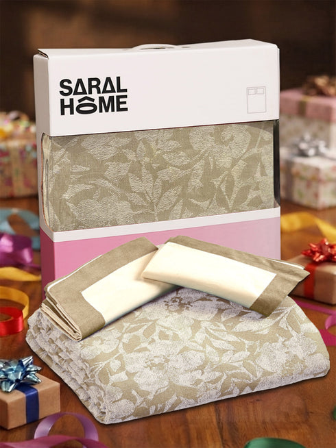 GIFT BOX | Kanan Beige Bedsheet-2 Pillow Covers | Cotton Bedsheet-Cover | For Gift & Daily Use