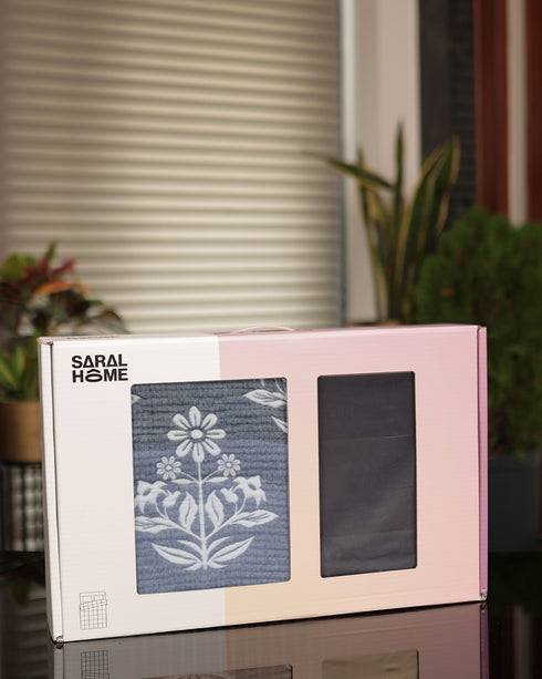 GIFT BOX | COTTON Grey Bedsheet-Cover | Matching Ivory-Blue Quilt/Comforter | Combo Set For Gift & Daily Use