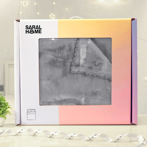 GIFT BOX | Grey Winter Mink & Cloudy Silky Soft | Double Sided Heavy 2 Layer Blanket 90″x90″ | with Crochet Lace Edges | For Gift & Daily Use