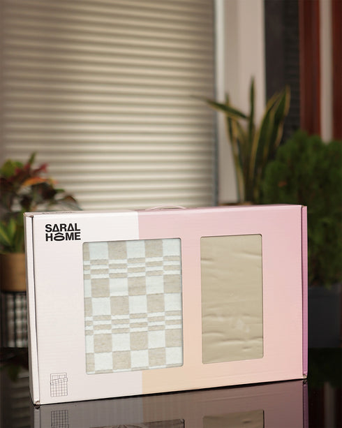 GIFT BOX | SHEEN SHINE Beige Bedsheet-Cover | Matching Ivory-Beige Quilt/Comforter | Combo Set For Gift & Daily Use