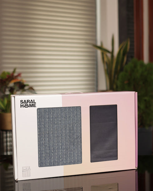 GIFT BOX | COTTON Grey Bedsheet-Cover | Matching Ivory-Blue Quilt/Comforter | Combo Set For Gift & Daily Use