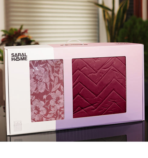 GIFT BOX | Kanan Mauve Cotton Bedsheet-Cover | Matching Mauve Reversible Quilt/Comforter | Combo Set For Gift & Daily Use