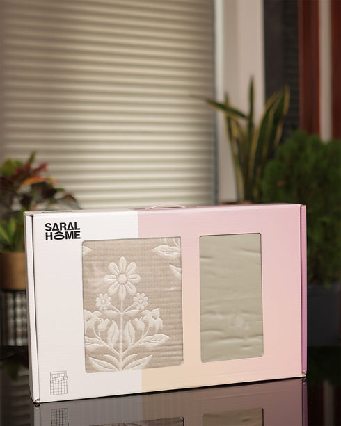 GIFT BOX | SHEEN SHINE Beige Cotton Bedsheet-Cover | Matching Ivory-Beige Quilt/Comforter | Combo Set For Gift & Daily Use