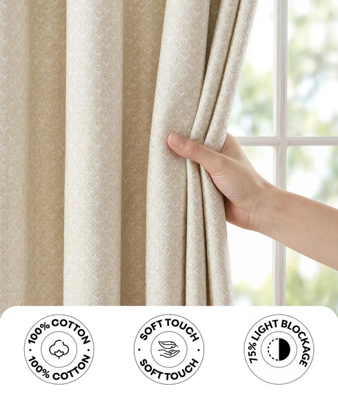 D Mond Pattern Cotton Curtain | Breathable Woven Yarn | Home Living Room Lobby Bedroom|