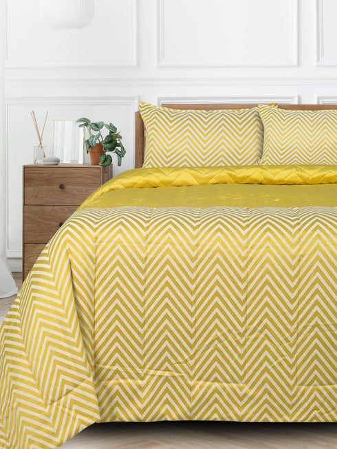 GIFT BOX | CHEVRON Yellow Cotton Bedsheet-Cover | Matching Yellow Reversible Quilt/Comforter | Combo Set For Gift & Daily Use