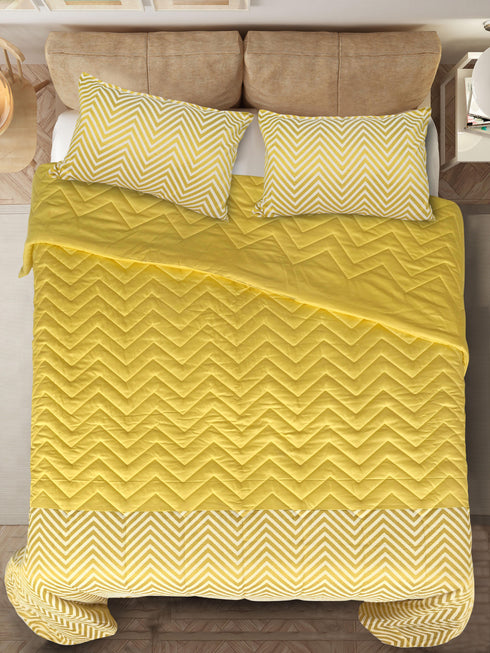 GIFT BOX | CHEVRON Yellow Cotton Bedsheet-Cover | Matching Yellow Reversible Quilt/Comforter | Combo Set For Gift & Daily Use