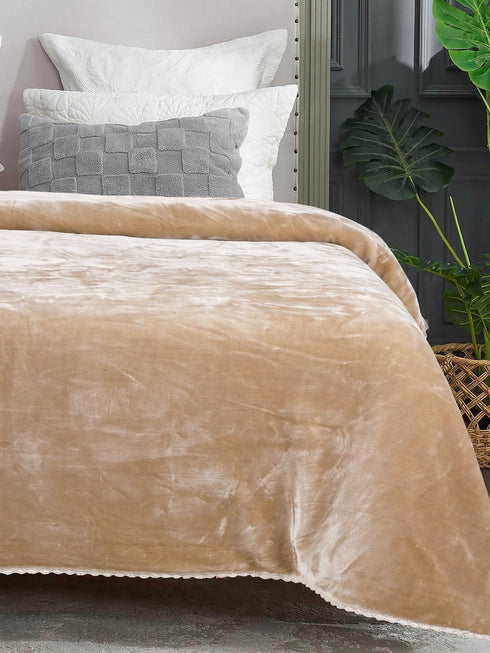 GIFT BOX | Beige Winter Mink & Cloudy Silky Soft | Double Sided Heavy 2 Layer Blanket 90″x90″ | with Crochet Lace Edges | For Gift & Daily Use