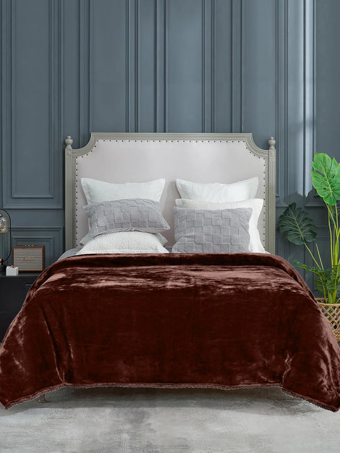 Winter Mink, Cloudy Silky - Soft Double Sided Heavy 2 Layer Blanket with Crochet Lace Edges