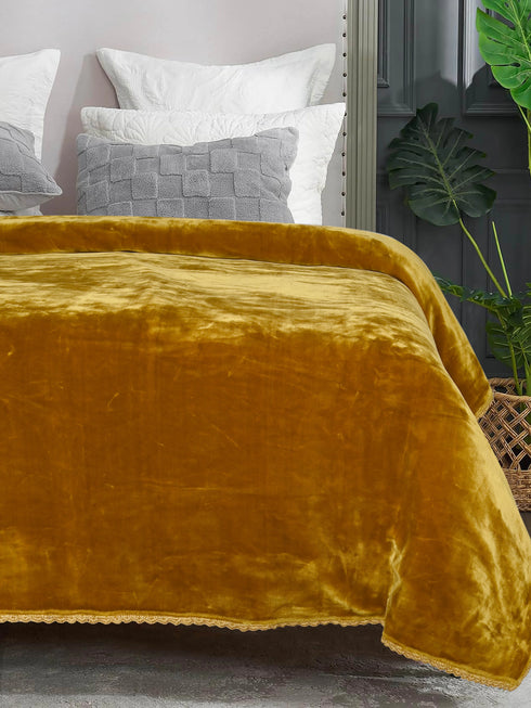 GIFT BOX | Gold Winter Mink & Cloudy Silky Soft | Double Sided Heavy 2 Layer Blanket 90″x90″ | with Crochet Lace Edges | For Gift & Daily Use