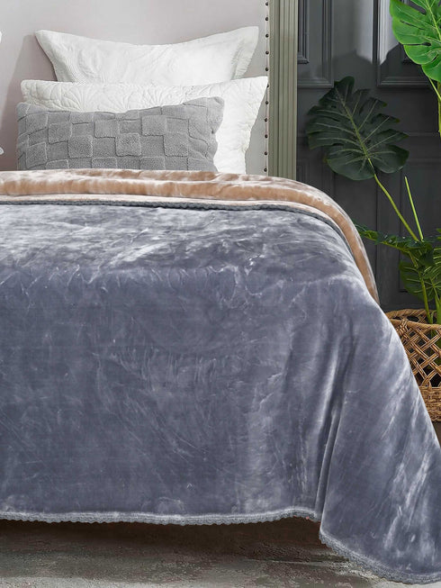 GIFT BOX | Beige Grey Winter Mink & Cloudy Silky Soft | Double Color Heavy 2 Layer Blanket 90″x90″ | with Crochet Lace Edges | For Gift & Daily Use