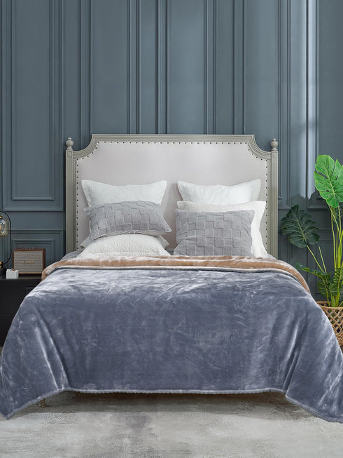 GIFT BOX | Beige Grey Winter Mink & Cloudy Silky Soft | Double Color Heavy 2 Layer Blanket 90″x90″ | with Crochet Lace Edges | For Gift & Daily Use