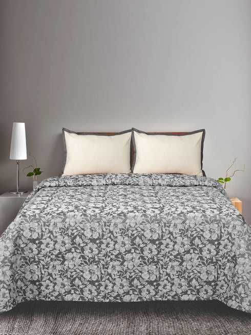 GIFT BOX | Kanan Grey Cotton Bedsheet-Cover | Matching Grey Reversible Quilt/Comforter | Combo Set For Gift & Daily Use