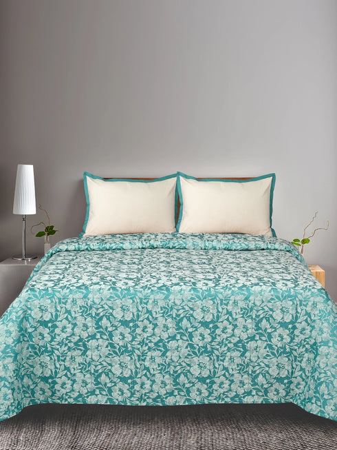 GIFT BOX | Kanan Teal Cotton Bedsheet-Cover | Matching Teal Reversible Quilt/Comforter | Combo Set For Gift & Daily Use