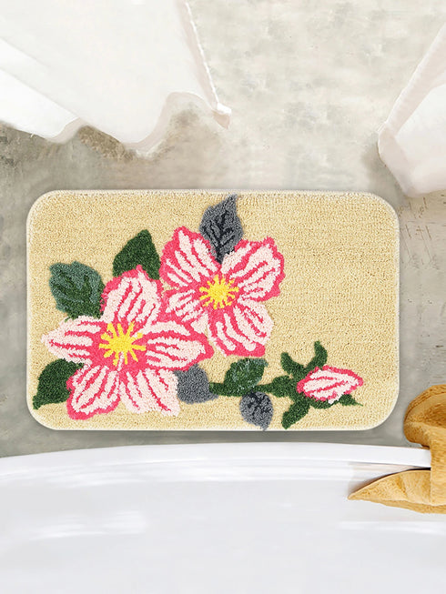 PINKY Microfiber with Anti-skid Backing Bath Mat |Water Absorbing Mat | Washable Quick Drying Footmat | Home, Bathroom, Bedroom, Kitchen | Floral Pattern