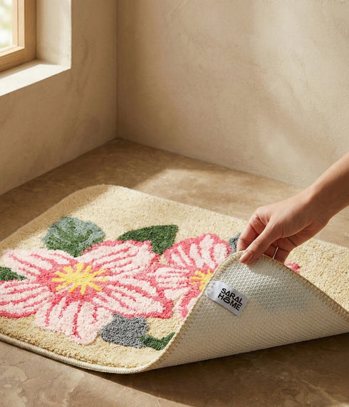 PINKY Microfiber with Anti-skid Backing Bath Mat |Water Absorbing Mat | Washable Quick Drying Footmat | Home, Bathroom, Bedroom, Kitchen | Floral Pattern