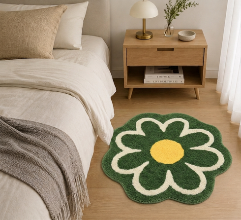 Daisy Flower Shaped Microfiber Round Bath Mat | Ultra Soft & Super Absorbent Bathroom Rug | Anti-Skid Bathmat for Bathroom, Bedroom & Wash Basin Area
