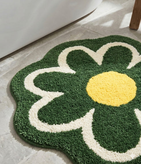 Daisy Flower Shaped Microfiber Round Bath Mat | Ultra Soft & Super Absorbent Bathroom Rug | Anti-Skid Bathmat for Bathroom, Bedroom & Wash Basin Area