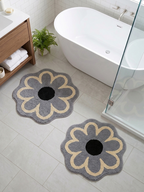 Daisy Flower Shaped Microfiber Round Bath Mat | Ultra Soft & Super Absorbent Bathroom Rug | Anti-Skid Bathmat for Bathroom, Bedroom & Wash Basin Area