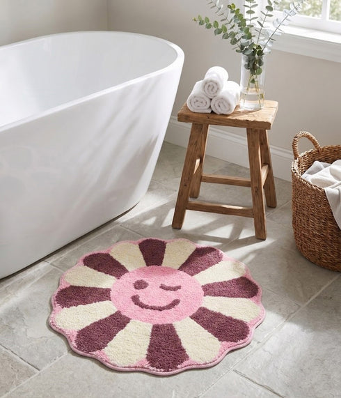 Wink Flower Shaped Microfiber Round Mat | Ultra Soft & Super Absorbent Rug | Anti-Skid Bathmat for Bathroom, Bedroom & Wash Basin, Bedside Doormat Area