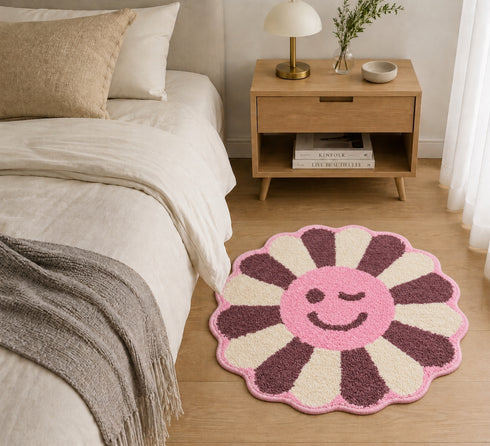 Wink Flower Shaped Microfiber Round Mat | Ultra Soft & Super Absorbent Rug | Anti-Skid Bathmat for Bathroom, Bedroom & Wash Basin, Bedside Doormat Area