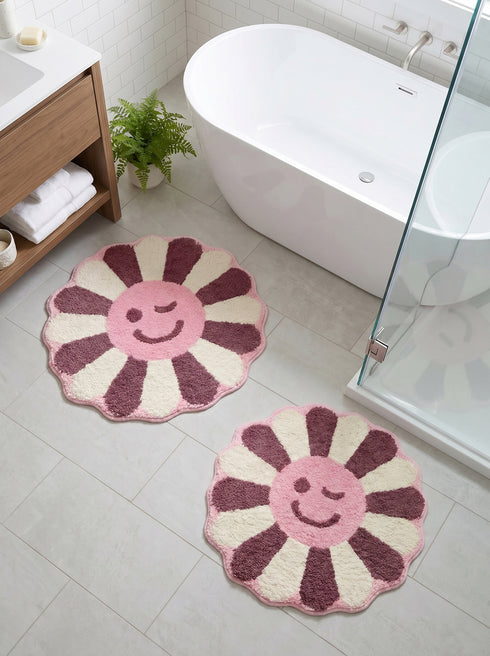 Wink Flower Shaped Microfiber Round Mat | Ultra Soft & Super Absorbent Rug | Anti-Skid Bathmat for Bathroom, Bedroom & Wash Basin, Bedside Doormat Area