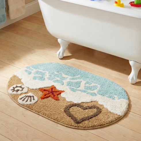 SHORE Microfiber Bath Mat for Bathroom, Anti-Skid Soft Absorbent Bath Rug, Beach Design Oval Floor Mat, Quick Dry Washable Mat for Bathroom, Bedroom & Entryway