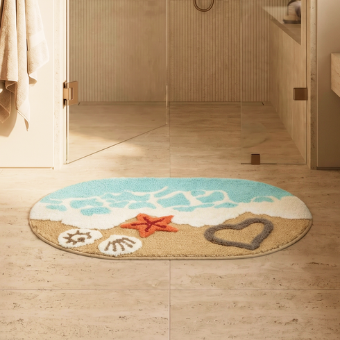 SHORE Microfiber Bath Mat for Bathroom, Anti-Skid Soft Absorbent Bath Rug, Beach Design Oval Floor Mat, Quick Dry Washable Mat for Bathroom, Bedroom & Entryway