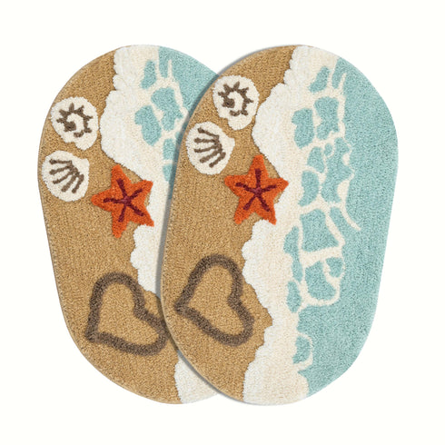 SHORE Microfiber Bath Mat for Bathroom, Anti-Skid Soft Absorbent Bath Rug, Beach Design Oval Floor Mat, Quick Dry Washable Mat for Bathroom, Bedroom & Entryway