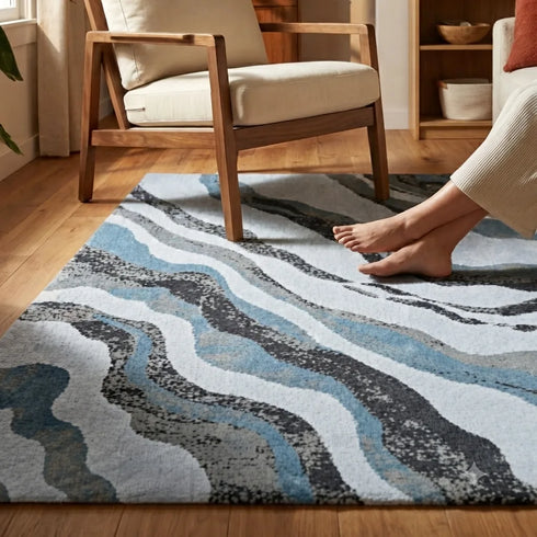 Nireti Modern Abstract Wave Carpet for Living, Drawing & Bedroom | Soft Polyester & olefin BCF Area Rug with Strong Backing (11mm Pile Height)