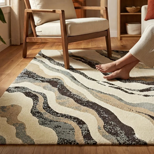 Nireti Modern Abstract Wave Carpet for Living, Drawing & Bedroom | Soft Polyester & olefin BCF Area Rug with Strong Backing (11mm Pile Height)