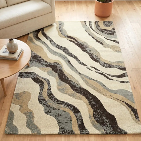 Nireti Modern Abstract Wave Carpet for Living, Drawing & Bedroom | Soft Polyester & olefin BCF Area Rug with Strong Backing (11mm Pile Height)