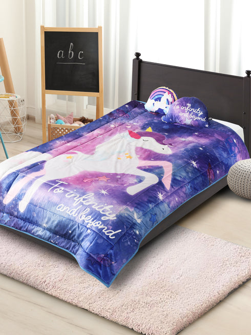 Saral Home Unicorn Velvet Quilt with 2 Cushions Turquoise, 135X210 Cms