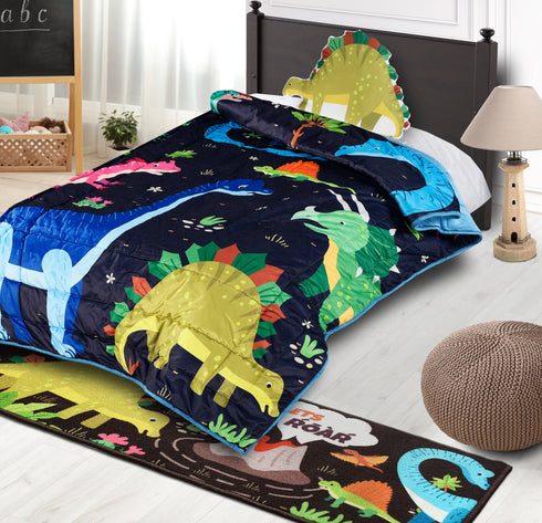 Saral Home Dinosaur Velvet and Cotton AC Quilt with 1 Cushion Blue, 135X210 cm