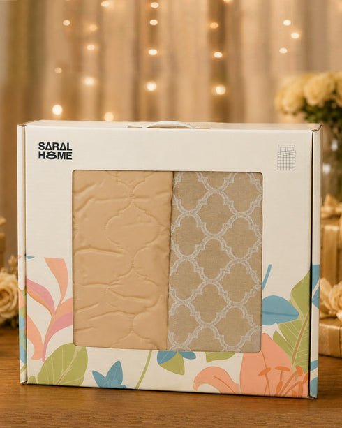 GIFT BOX | NOOR Beige Cotton Bedsheet-Cover | Matching Beige Reversible Quilt/Comforter | Combo Set For Gift & Daily Use