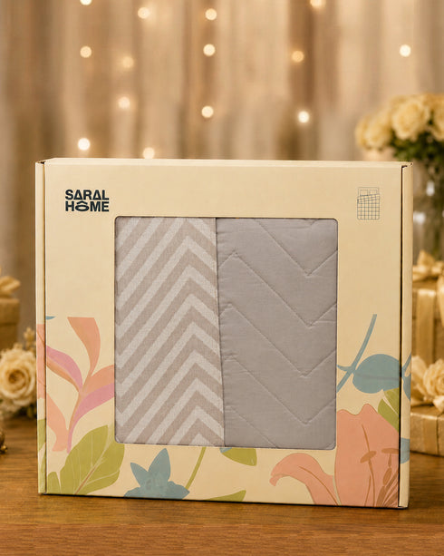 GIFT BOX | CHEVRON Beige Cotton Bedsheet-Cover | Matching Beige Reversible Quilt/Comforter | Combo Set For Gift & Daily Use
