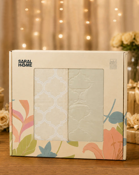 GIFT BOX | NOOR Ivory Cotton Bedsheet-Cover | Matching Ivory Reversible Quilt/Comforter | Combo Set For Gift & Daily Use