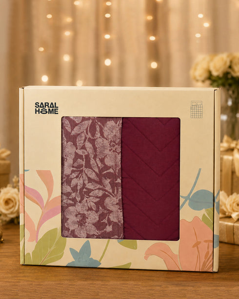 GIFT BOX | Kanan Mauve Cotton Bedsheet-Cover | Matching Mauve Reversible Quilt/Comforter | Combo Set For Gift & Daily Use