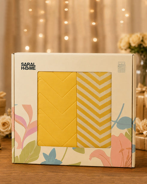 GIFT BOX | CHEVRON Yellow Cotton Bedsheet-Cover | Matching Yellow Reversible Quilt/Comforter | Combo Set For Gift & Daily Use