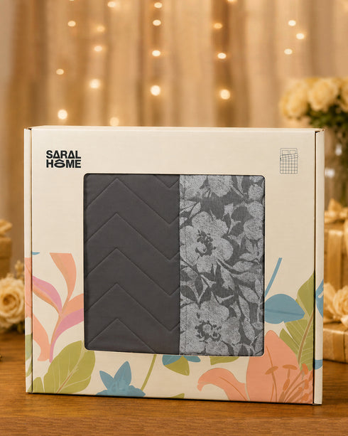 GIFT BOX | Kanan Grey Cotton Bedsheet-Cover | Matching Grey Reversible Quilt/Comforter | Combo Set For Gift & Daily Use