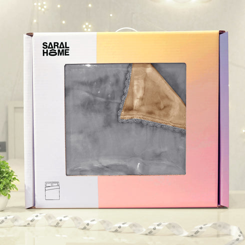 GIFT BOX | Beige Grey Winter Mink & Cloudy Silky Soft | Double Color Heavy 2 Layer Blanket 90″x90″ | with Crochet Lace Edges | For Gift & Daily Use