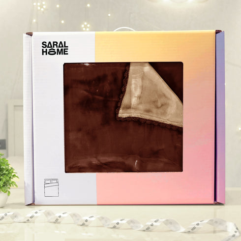 GIFT BOX | Beige Brown Winter Mink & Cloudy Silky Soft | Double Color Heavy 2 Layer Blanket 90″x90″ | with Crochet Lace Edges | For Gift & Daily Use