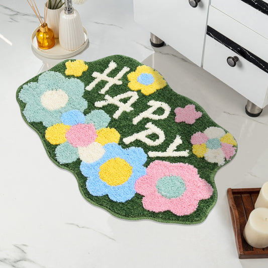 Happy Microfiber Bath Mat 38x60 cm | Ultra Soft, Super Absorbent & Anti-Skid | Quick Dry Non Slip Door Mat for Bathroom, Kitchen, Bedroom & Entrance | Green (Pack of 1)