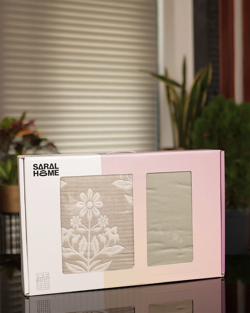 GIFT BOX | SHEEN SHINE Beige Cotton Bedsheet-Cover | Matching Ivory-Beige Quilt/Comforter | Combo Set For Gift & Daily Use