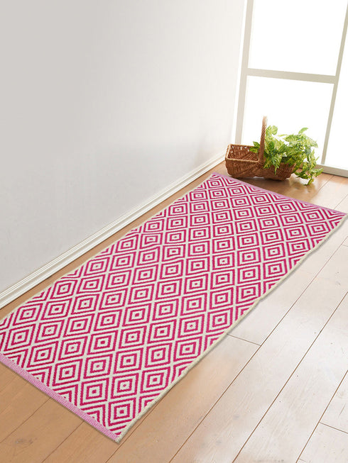 Diamond Woven Cotton Rug | Geometric Design | Red Accent