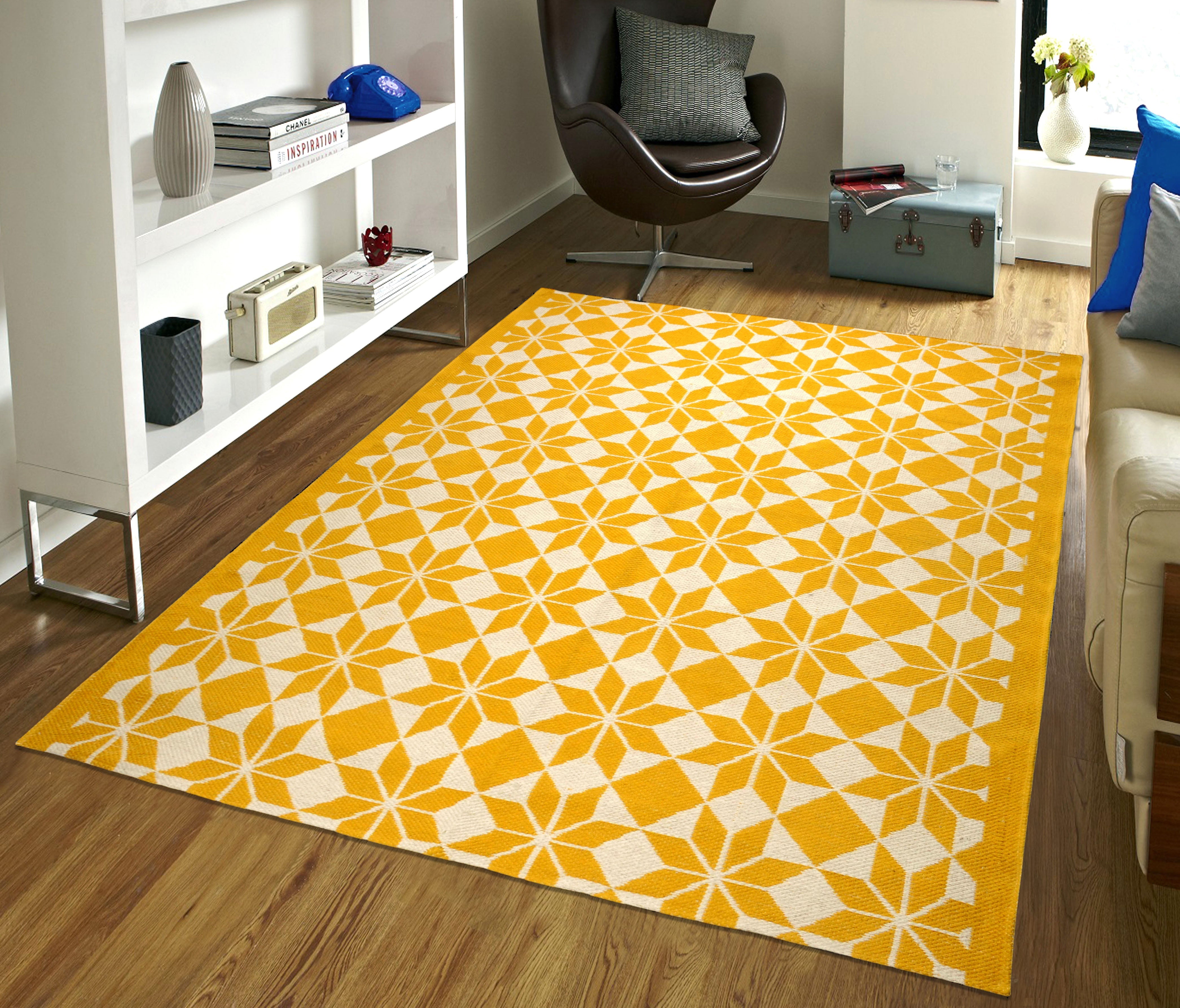 Floral Design Cotton Woven Rug | Minimal Geometric Weave with Anti-Skid Backing