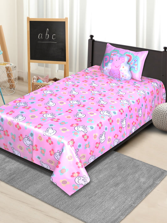 Peppa Pig Micro Polyester Single Size Bed sheet (60*90) with 1 Pillow Cover (17''x 27'') & 1 Shared Cushion