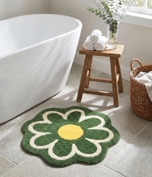 Daisy Flower Shaped Microfiber Round Bath Mat | Ultra Soft & Super Absorbent Bathroom Rug | Anti-Skid Bathmat for Bathroom, Bedroom & Wash Basin Area