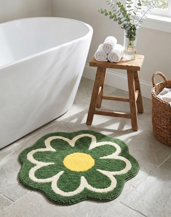 Daisy Flower Shaped Microfiber Round Bath Mat | Ultra Soft & Super Absorbent Bathroom Rug | Anti-Skid Bathmat for Bathroom, Bedroom & Wash Basin Area