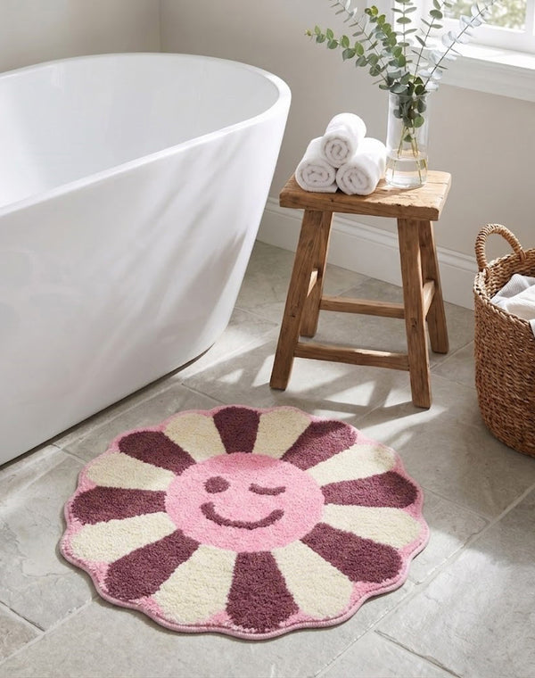 Wink Flower Shaped Microfiber Round  Mat | Ultra Soft & Super Absorbent Rug | Anti-Skid Bathmat for Bathroom, Bedroom & Wash Basin, Bedside Doormat Area