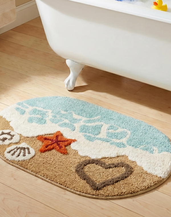 SHORE Microfiber Bath Mat for Bathroom, Anti-Skid Soft Absorbent Bath Rug, Beach Design Oval Floor Mat, Quick Dry Washable Mat for Bathroom, Bedroom & Entryway